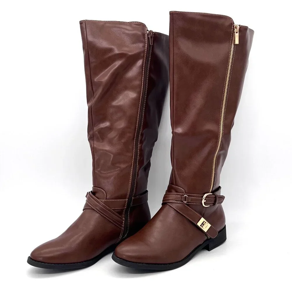 Justfab Leyla WC Tall Moto Boots Womens Size 8.5 Brown Faux Leather New With Box - Picture 2 of 14